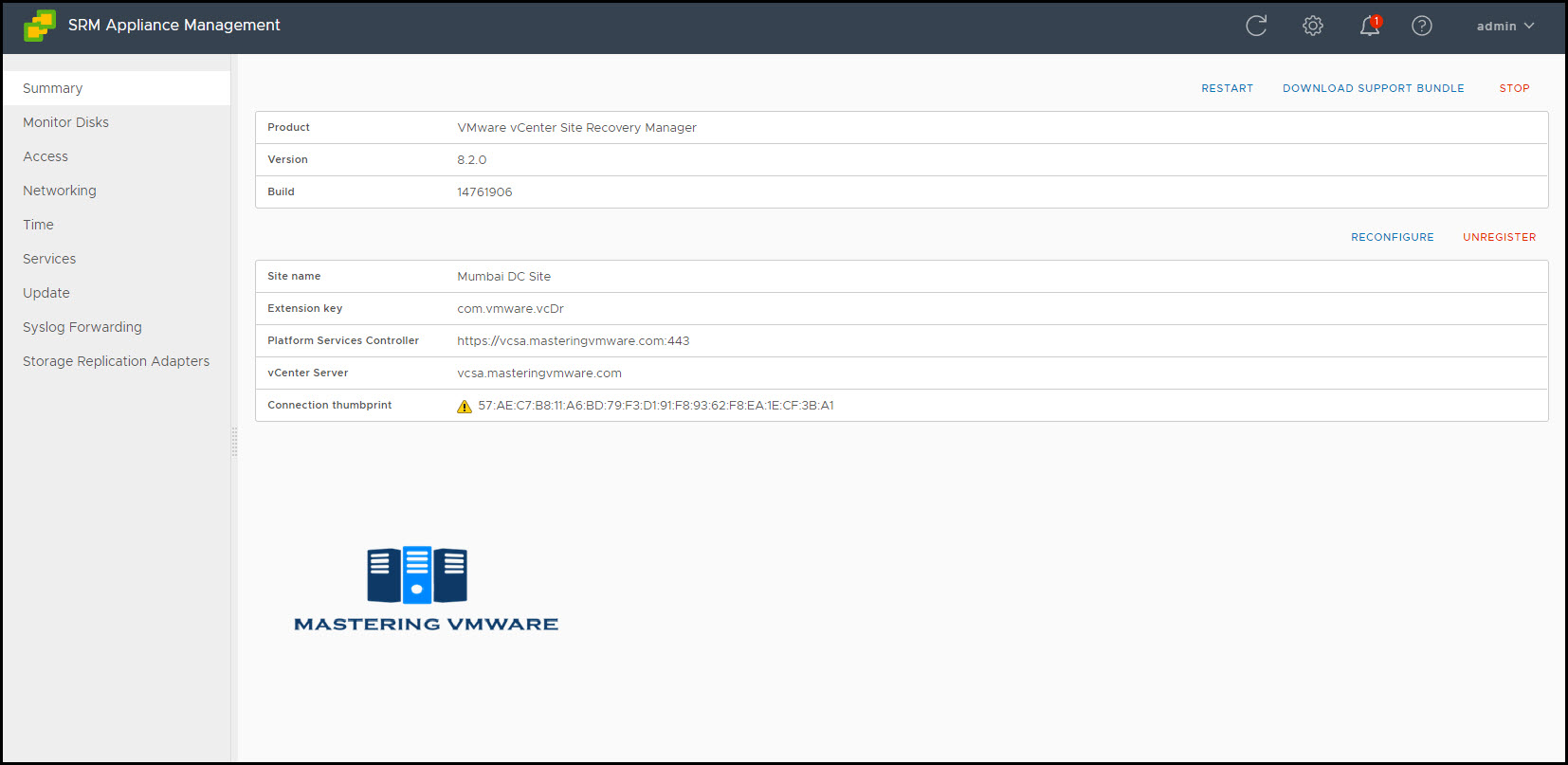 configure srm appliance & connect to vcenter server